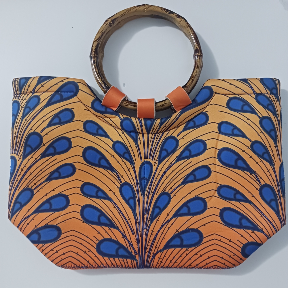 Orange and Blue Art Deco Tote with Bamboo Handles